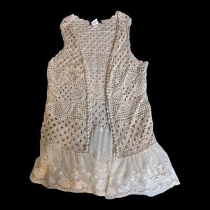 Sassybling Crocheted Open Cardigan Sweater Vest Duster Faux Pearl Oatmeal Soft